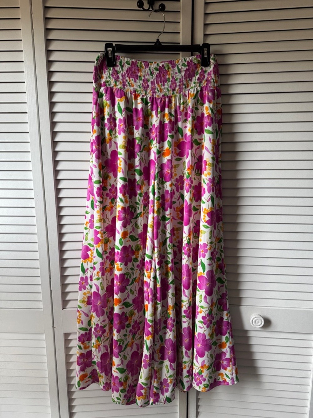 Fully Lined Floral White Wide-Leg Jumpsuit Pants with Pink & Green Print